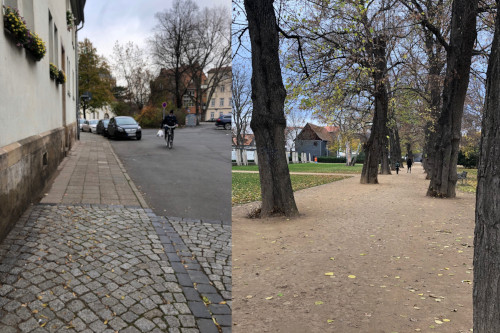 Links sieht man einen Gehweg entlang einer Straße, rechts einen Fußweg durch einen Park